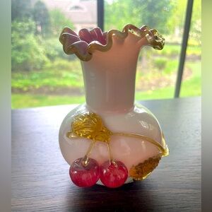 Vintage Antique Steven & Williams Victorian Cherry Appliqué Blown Vase